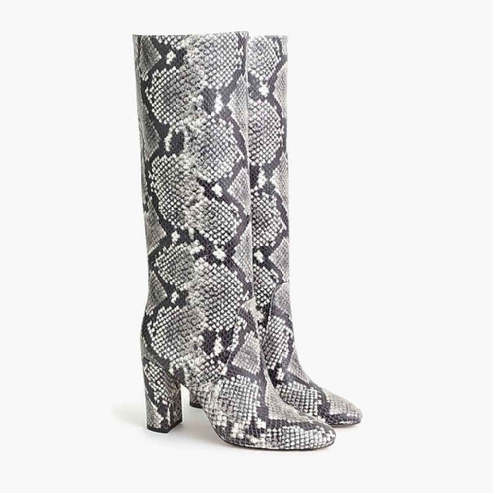 J. Crew JCREW  “Anya” Tall Snakeskin High Heel Boots Black Ivory Size 10